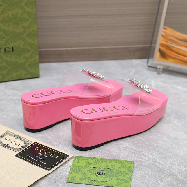 HIGH WEDGE PLATFORM WITH DOUBLE G IN PINK GLOSSY CALFSKIN