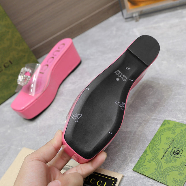 HIGH WEDGE PLATFORM WITH DOUBLE G IN PINK GLOSSY CALFSKIN