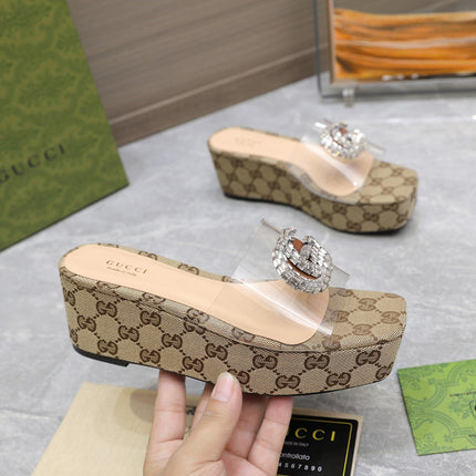 HIGH WEDGE PLATFORM IN CAMEL BEIGE CANVAS WITH DOUBLE CRYSTAL G BUCKLE