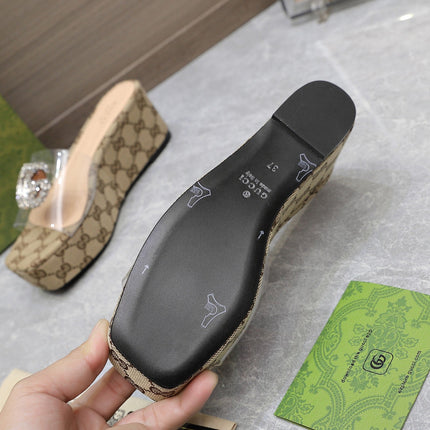 HIGH WEDGE PLATFORM IN CAMEL BEIGE CANVAS WITH DOUBLE CRYSTAL G BUCKLE