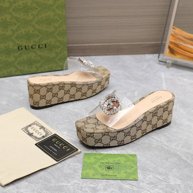HIGH WEDGE PLATFORM IN CAMEL BEIGE CANVAS WITH DOUBLE CRYSTAL G BUCKLE
