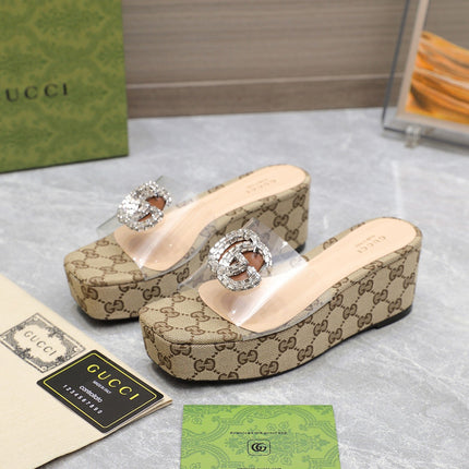 HIGH WEDGE PLATFORM IN CAMEL BEIGE CANVAS WITH DOUBLE CRYSTAL G BUCKLE