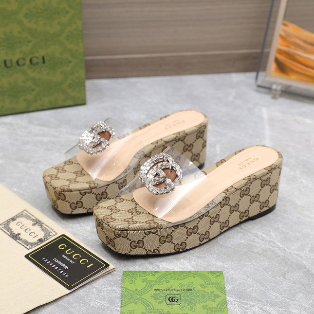 HIGH WEDGE PLATFORM IN CAMEL BEIGE CANVAS WITH DOUBLE CRYSTAL G BUCKLE
