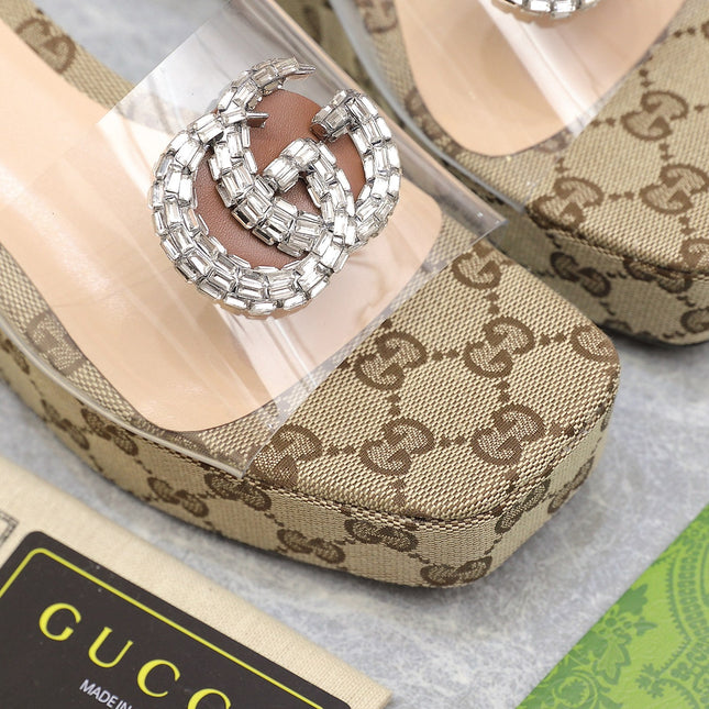 HIGH WEDGE PLATFORM IN CAMEL BEIGE CANVAS WITH DOUBLE CRYSTAL G BUCKLE