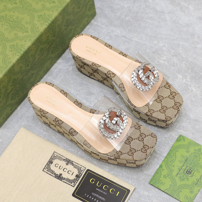 HIGH WEDGE PLATFORM IN CAMEL BEIGE CANVAS WITH DOUBLE CRYSTAL G BUCKLE