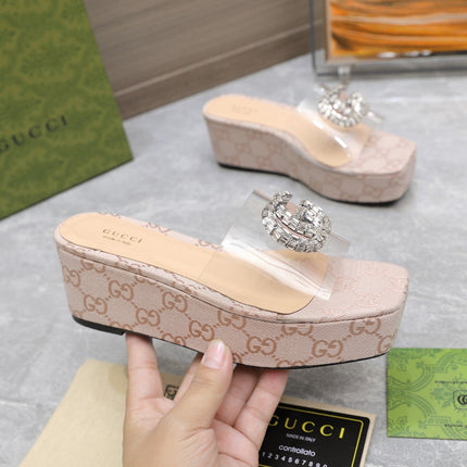 HIGH WEDGE PLATFORM IN ALMOND BEIGE CANVAS WITH DOUBLE CRYSTAL G BUCKLE