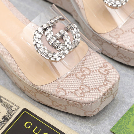 HIGH WEDGE PLATFORM IN ALMOND BEIGE CANVAS WITH DOUBLE CRYSTAL G BUCKLE