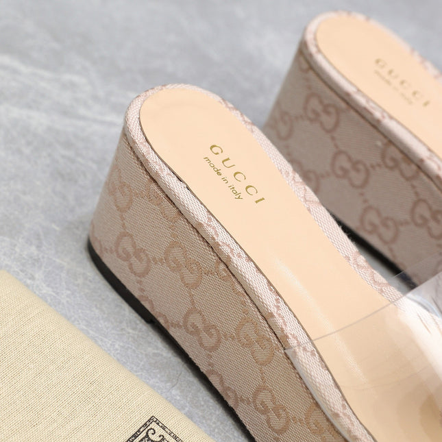 HIGH WEDGE PLATFORM IN ALMOND BEIGE CANVAS WITH DOUBLE CRYSTAL G BUCKLE