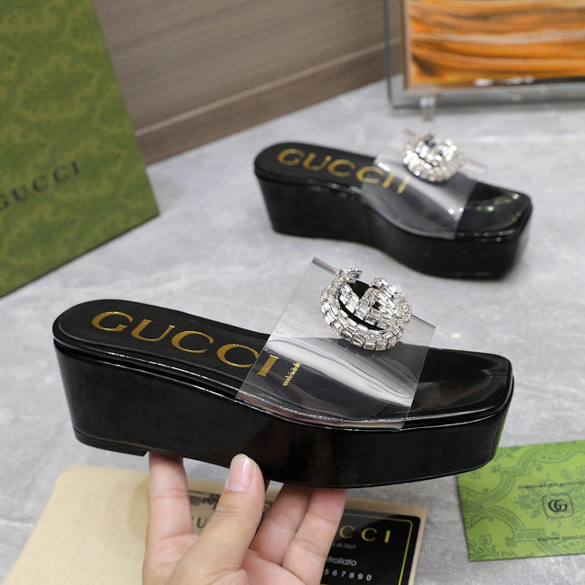 HIGH WEDGE PLATFORM IN BLACK GLOSSY CALFSKIN WITH DOUBLE CRYSTAL G BUCKLE