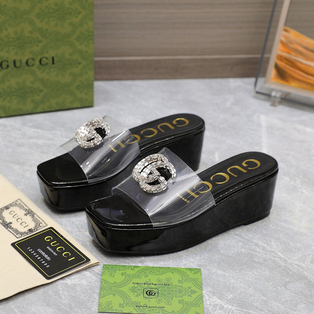 HIGH WEDGE PLATFORM IN BLACK GLOSSY CALFSKIN WITH DOUBLE CRYSTAL G BUCKLE