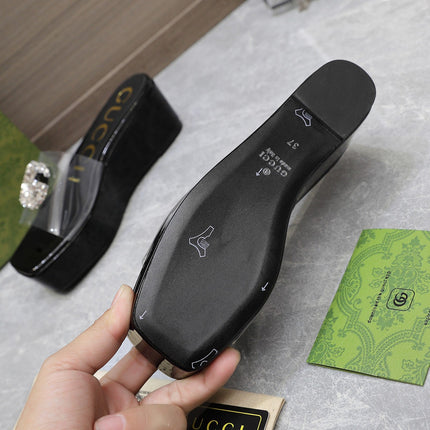 HIGH WEDGE PLATFORM IN BLACK GLOSSY CALFSKIN WITH DOUBLE CRYSTAL G BUCKLE