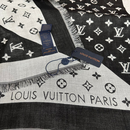 MONOGRAM 140 CM SQUARE SCARF IN BLACK MIX WHITE CASHMERE 391107
