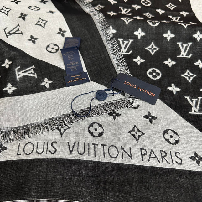 MONOGRAM 140 CM SQUARE SCARF IN BLACK MIX WHITE CASHMERE 391107