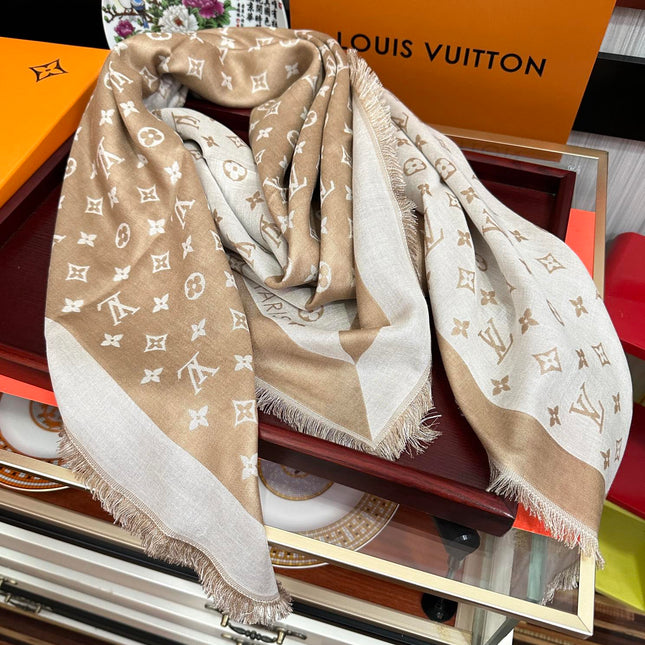 MONOGRAM 140 CM SQUARE SCARF IN PEANUT BROWN MIX WHITE CASHMERE 391108