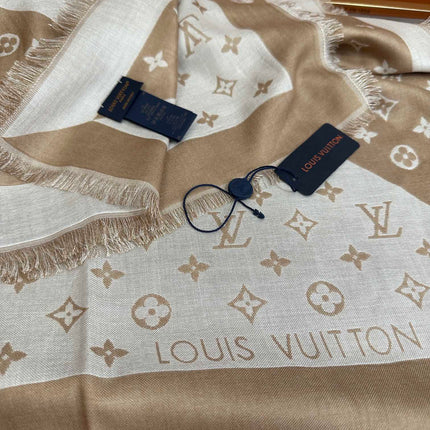 MONOGRAM 140 CM SQUARE SCARF IN PEANUT BROWN MIX WHITE CASHMERE 391108