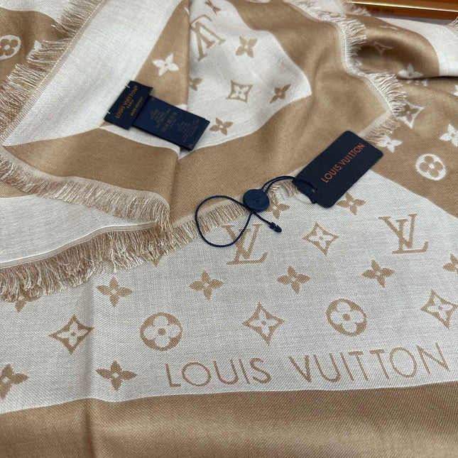 MONOGRAM 140 CM SQUARE SCARF IN PEANUT BROWN MIX WHITE CASHMERE 391108