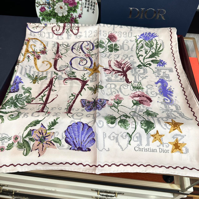 DIOR SQUARE SCARF 90 CM IN WHITE SILK MOTIF 735744