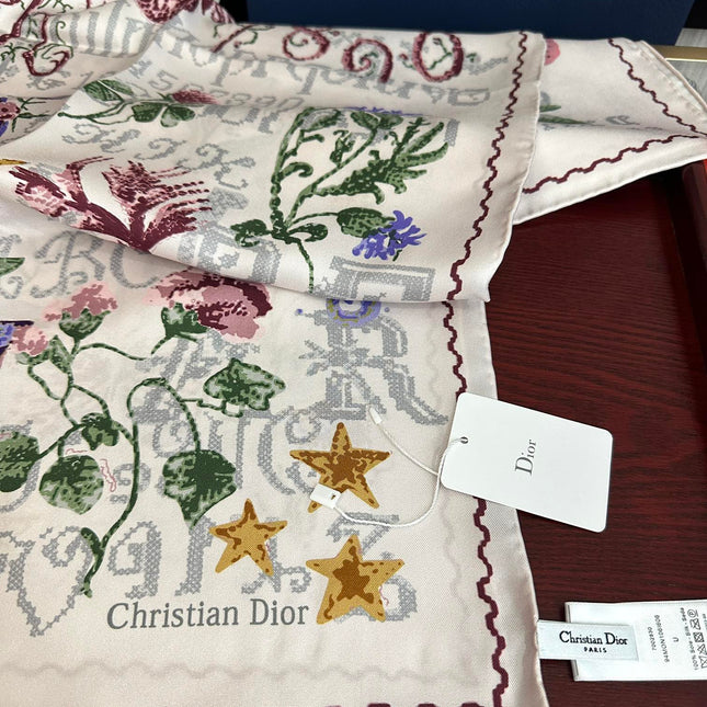 DIOR SQUARE SCARF 90 CM IN WHITE SILK MOTIF 735744