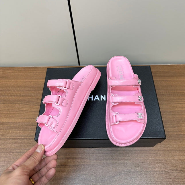 dad sandals pink 3 rows lambskin mules