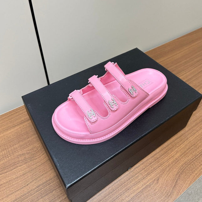 dad sandals pink 3 rows lambskin mules