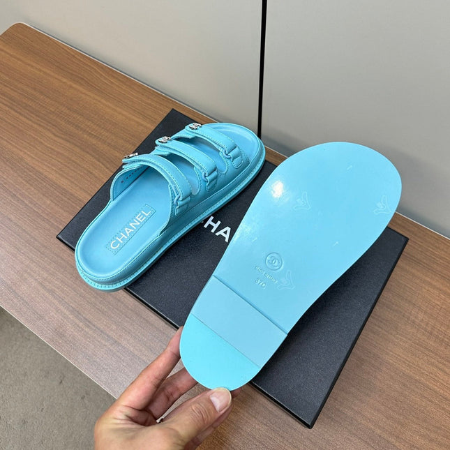 dad sandals cloud blue 3 rows lambskin mules