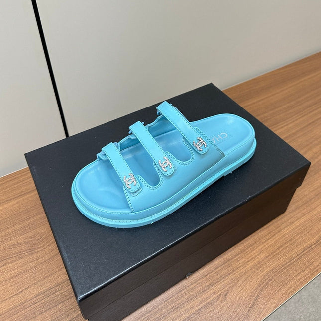 dad sandals cloud blue 3 rows lambskin mules