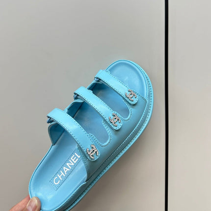 dad sandals cloud blue 3 rows lambskin mules
