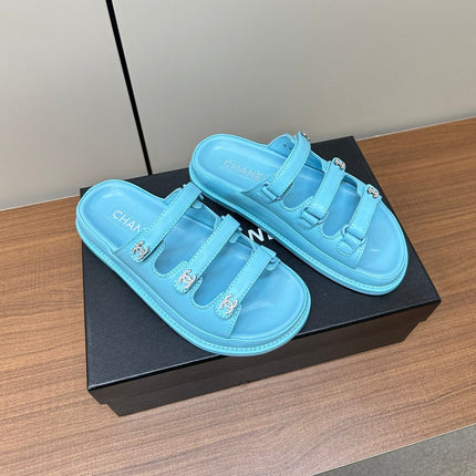dad sandals cloud blue 3 rows lambskin mules