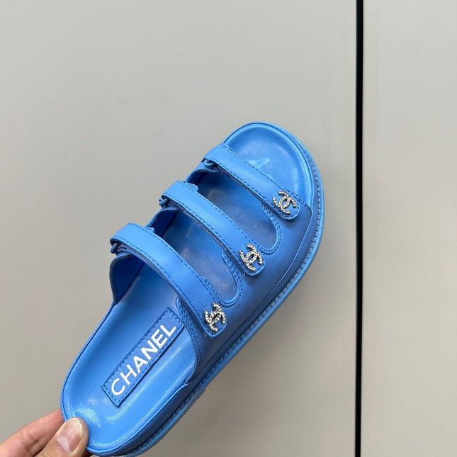 dad sandals dodger blue 3 rows lambskin mules