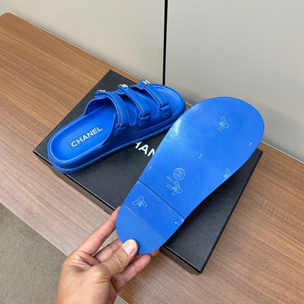 dad sandals blue 3 rows lambskin mules
