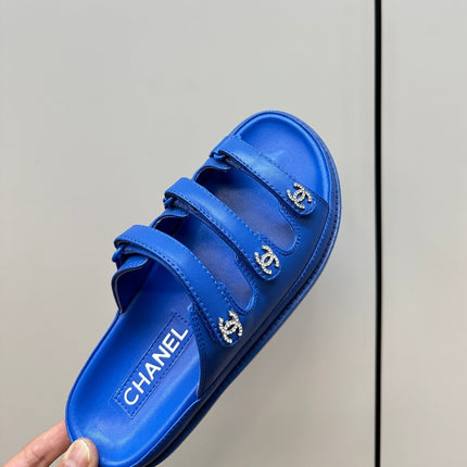 dad sandals blue 3 rows lambskin mules