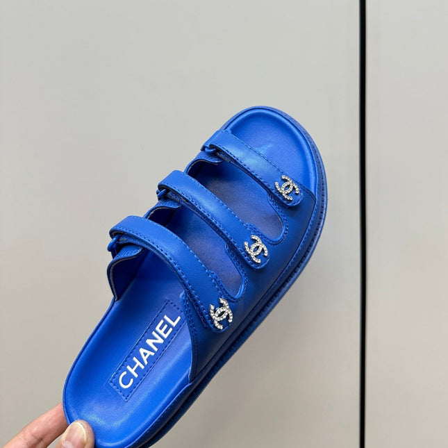 dad sandals blue 3 rows lambskin mules