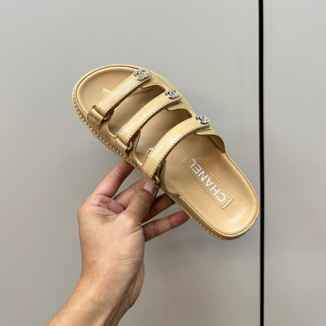 dad sandals cream 3 rows lambskin mules