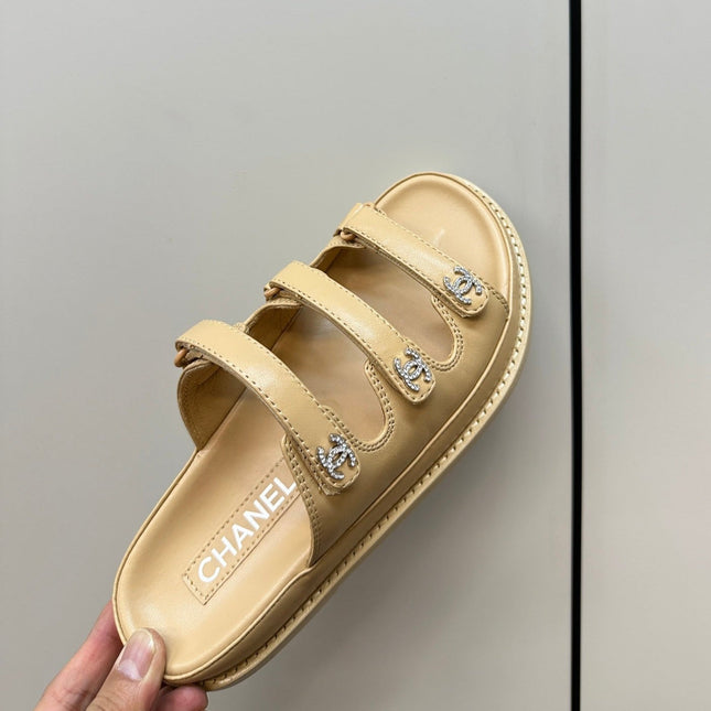 dad sandals cream 3 rows lambskin mules