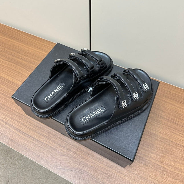 dad sandals black 3 rows lambskin mules