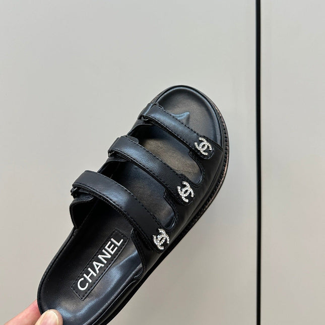 dad sandals black 3 rows lambskin mules