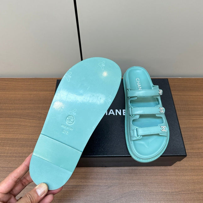 dad sandals skye blue 3 rows lambskin mules