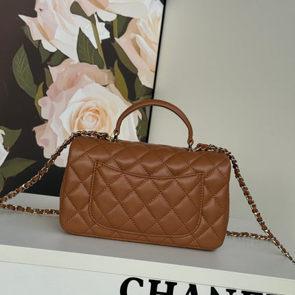 FLAP BAG 20 IN BRONZE BROWN LAMBSKIN WITH HANDLE