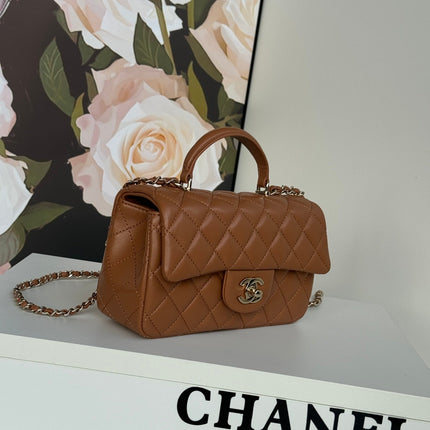 FLAP BAG 20 IN BRONZE BROWN LAMBSKIN WITH HANDLE