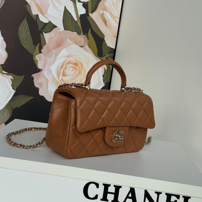 FLAP BAG 20 IN BRONZE BROWN LAMBSKIN WITH HANDLE