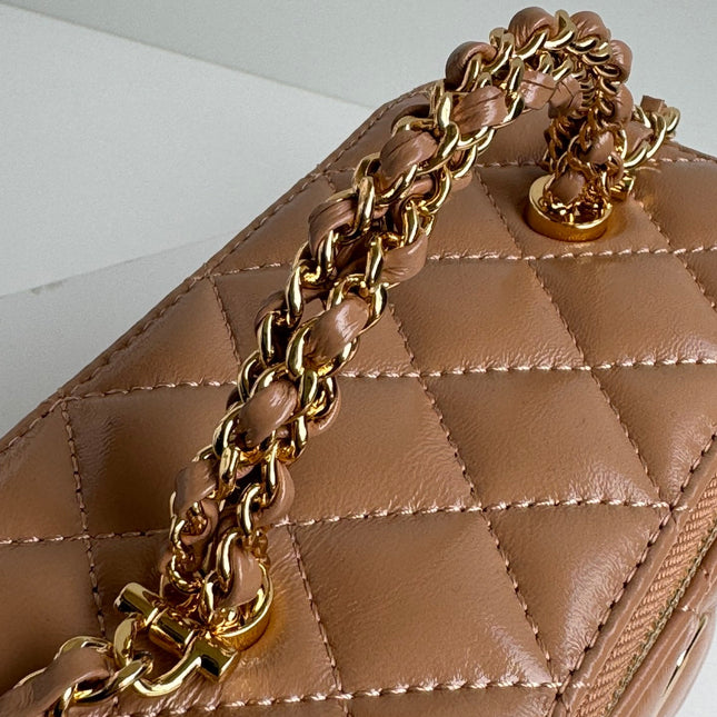 SMALL VANITY CASE 17 WITH HANDLE IN RUSSET BROWN CALFSKIN GOLD METAL CHAIN