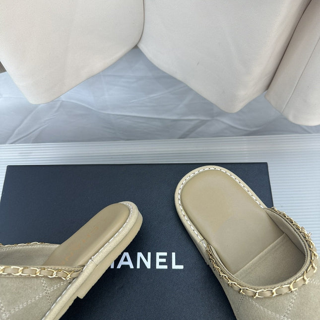 CC Khaki Green Suede Gold Chain Mules