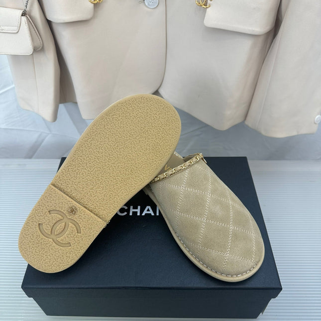 CC Khaki Green Suede Gold Chain Mules