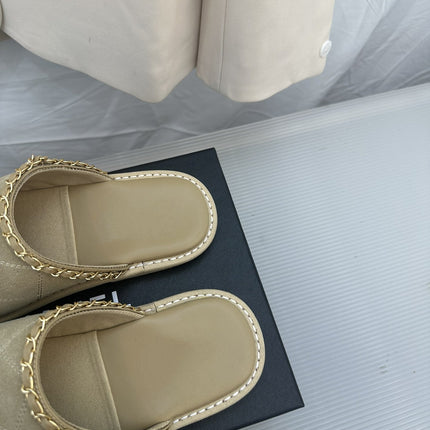 CC Khaki Green Suede Gold Chain Mules