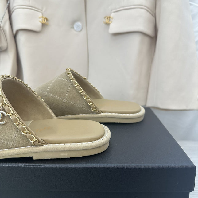 CC Khaki Green Suede Gold Chain Mules