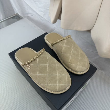 CC Khaki Green Suede Gold Chain Mules