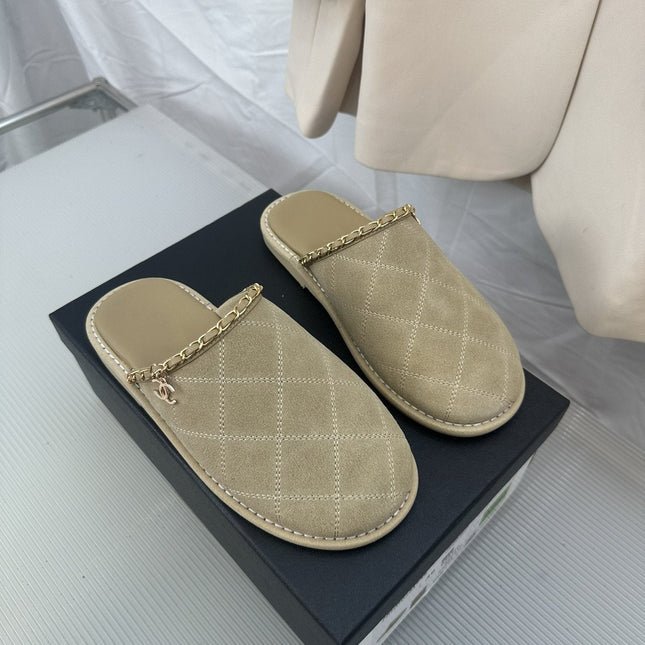 CC Khaki Green Suede Gold Chain Mules