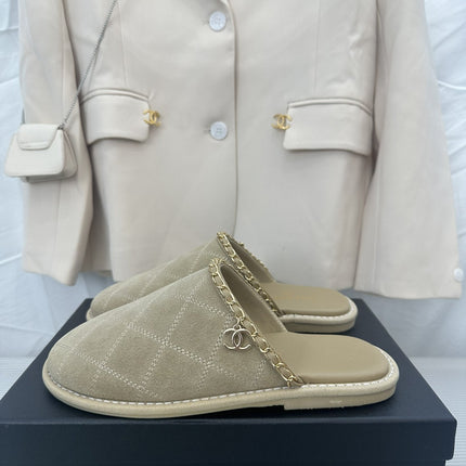CC Khaki Green Suede Gold Chain Mules