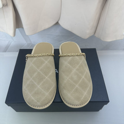 CC Khaki Green Suede Gold Chain Mules