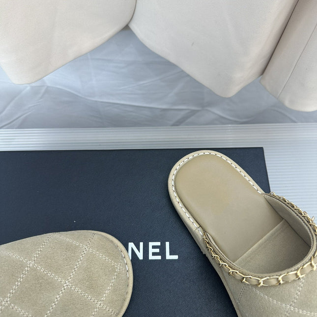CC Khaki Green Suede Gold Chain Mules